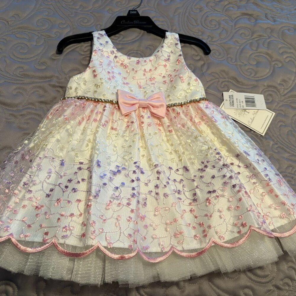 NWT, Couture Princess Ivory floral dress with ivory bloomers, size 24 months